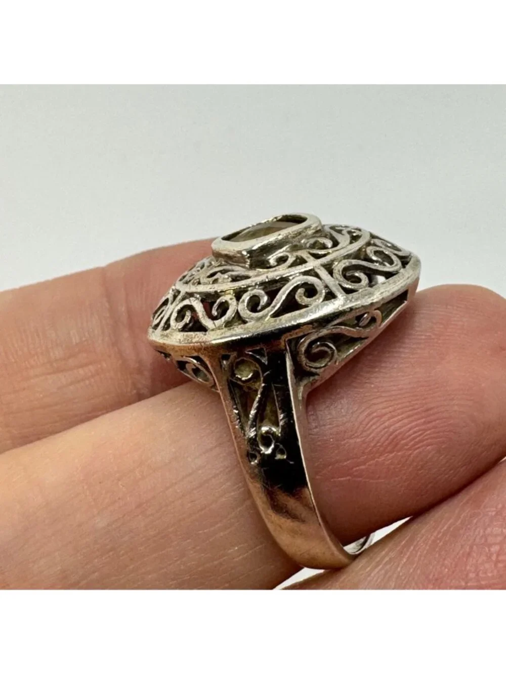 Citrine Filigree Design Statement Ring Sterling Silver 925 Size 9.5